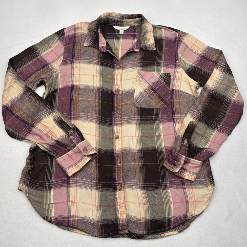 Lucky Brand Shirt Womens Small Purple Plaid Button Back Long Sleeve Blouse Top